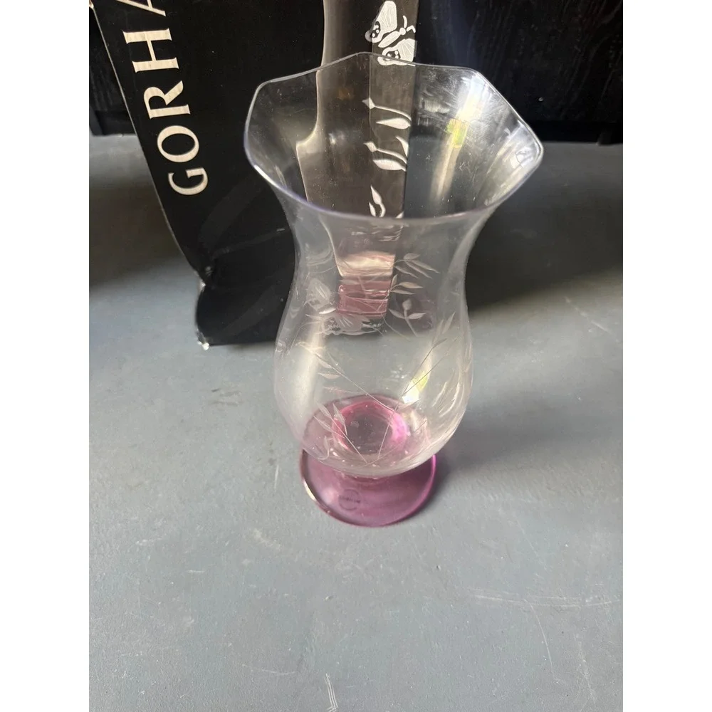 Gorham Etched Crystal Vase Pink Base Floral Butterfly Scalloped Hurricane Glass